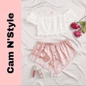 New White & Pink Satin Silk-Like Lace PJ Set​